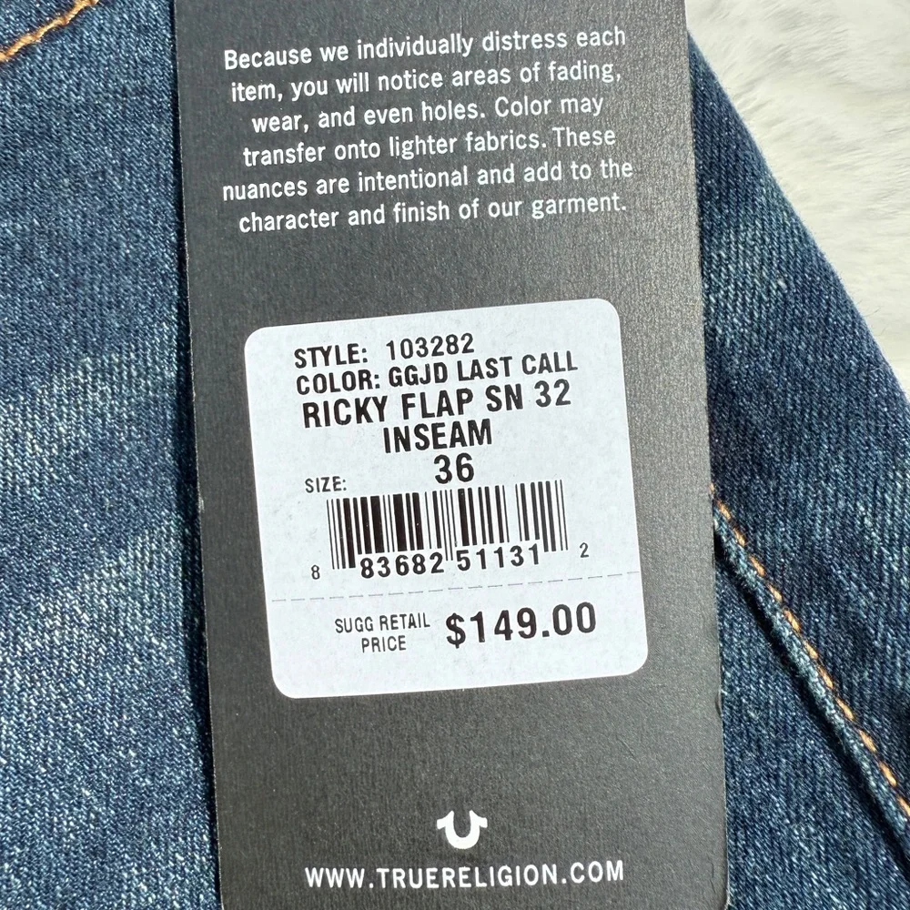 TRUE RELIGION Men's Ricky Flap SN Relaxed Straight Leg Jeans SIZE 36x32 Dark NEW